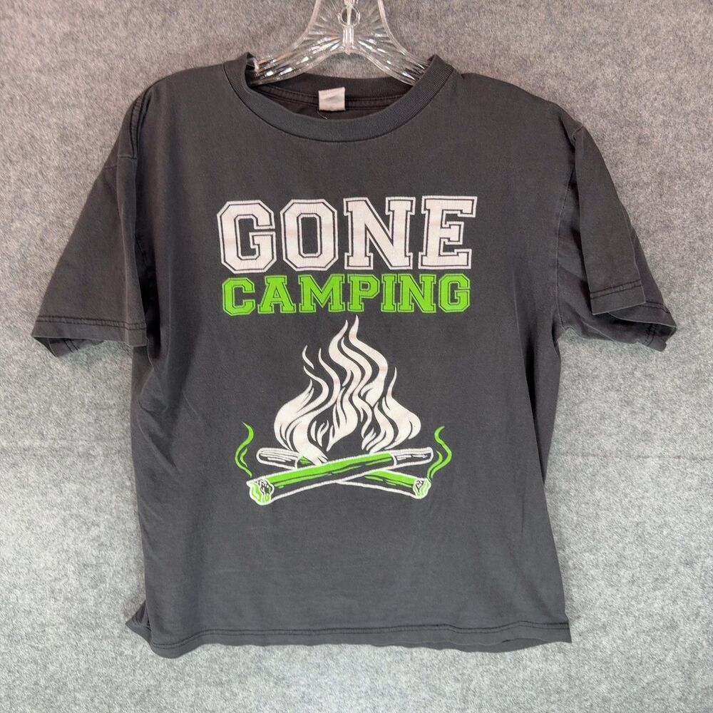 Mishi "Gone Camping" Graphic Tee - Faded Grey Novelty Print, Size M